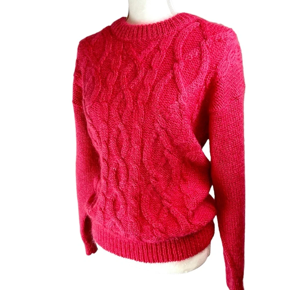 Vintage CRYSTAL Pink Mohair Wool Cable Knit Pullover Sweater Medium Crew Neck - Picture 2 of 13